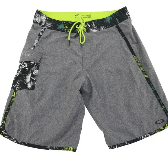 Oakley Mens Board Shorts Size 32 Grey Tropical Floral Tailored Fit Swim Trunks