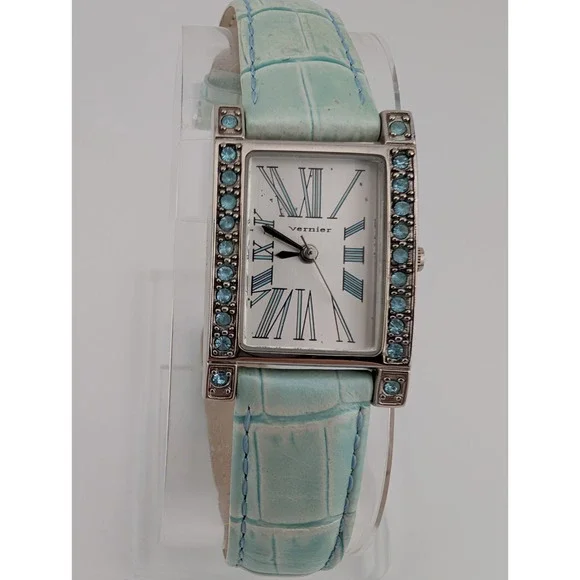 Vernier Tank Watch Women‎ 21mm Case Blue Pave Leather Band- New Battery