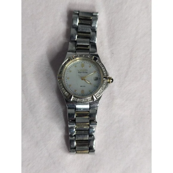 WORKING Citizen Eco-drive‎ Diamond accent 2 tone Womens mother of pearl Watch