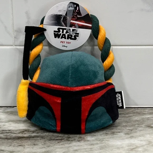 Star Wars BOBA FETT Plush Head Squeaker Rope Ring Dog Toy 8” NEW Tug of War