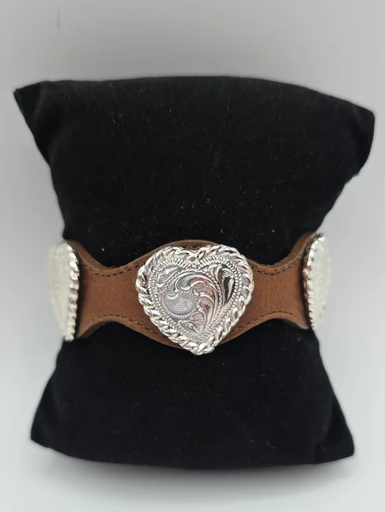Brown Leather Bracelet with Silver Heart Conchos