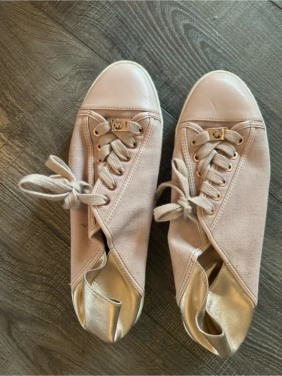 Michael Kors Blush Pink Canvas Sneakers with Gold Heel and Accents