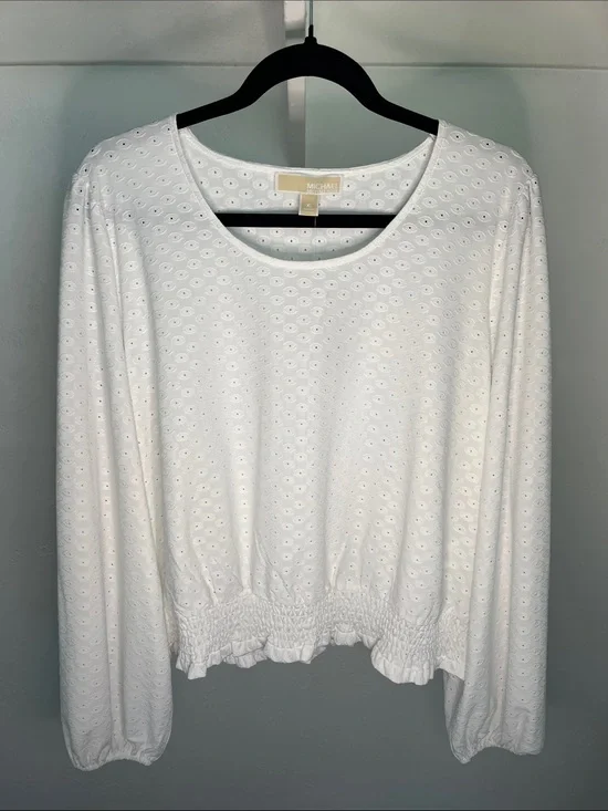 Michael Kors White Eyelet Long Sleeve Top with Smocked Hem