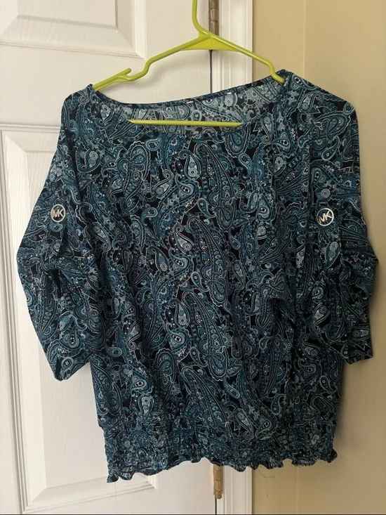 Michael Kors Teal and Navy Paisley Puff-Sleeve Top