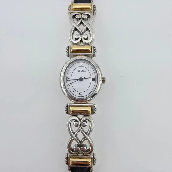 BRIGHTON 'Champagne' Watch Black Leather Band Scrollwork Gold Silver Plate 7.25