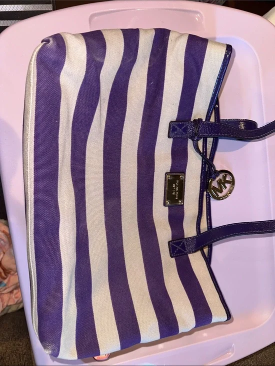 Michael Kors Purple and Cream Striped Canvas Tote with Logo Charm