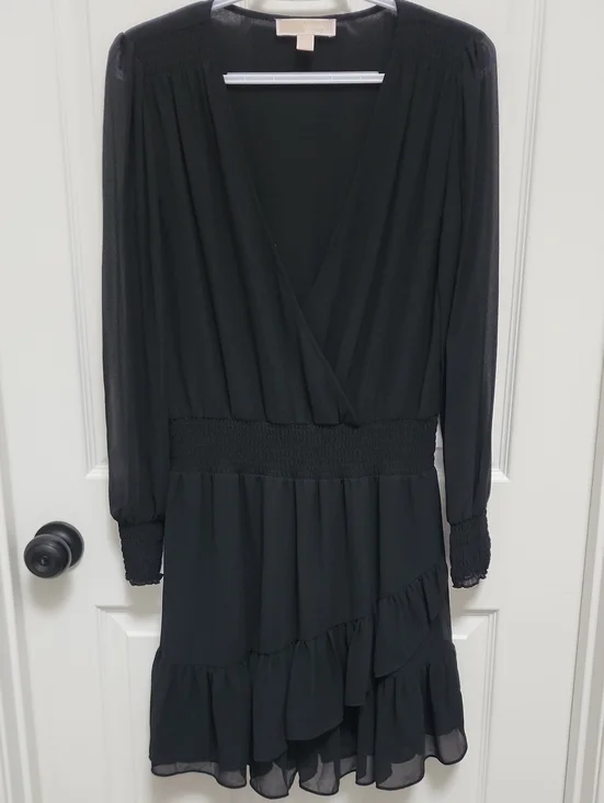 Michael Kors Size Small Black Wrap-Front Long Sleeve Dress With Lining