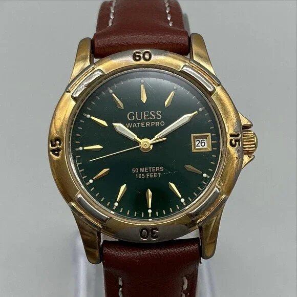 Vintage Guess Waterpro Women Watch 27mm Green Dial Gold Tone Leather New Battery