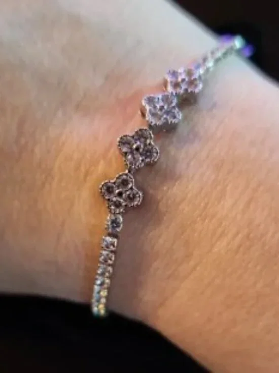 Silver-Tone White Crystal Clover Tennis Bracelet