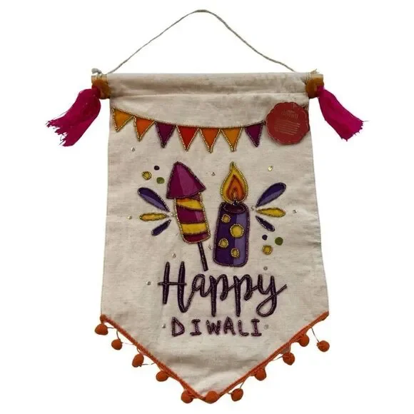 Happy Diwali Colorful Sequin Beaded Tassel Orange Pom Fringed Cotton Banner NWT