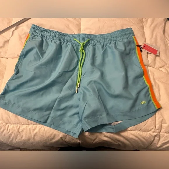 Le Club Skyline Mid Length Swim Trunks - NWT - Size XXL - Blue w/ Orange Accents