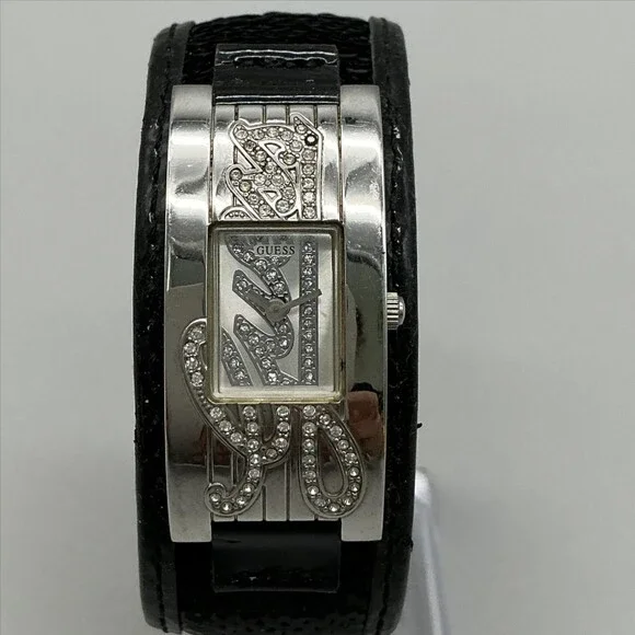 Guess Womens Watch 20mm Silver Tone Black Leather Gem Logo Cuff New Battery