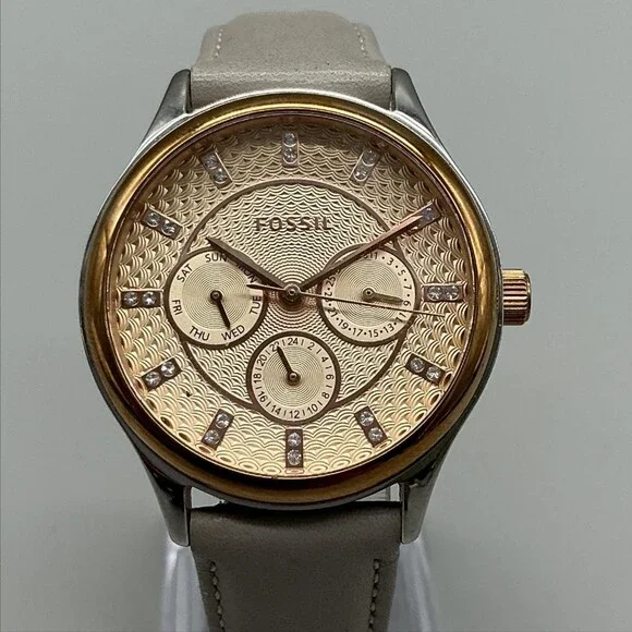 Fossil Suitor Womens Watch 36mm Two Tone Beige Leather Multifunction New Battery
