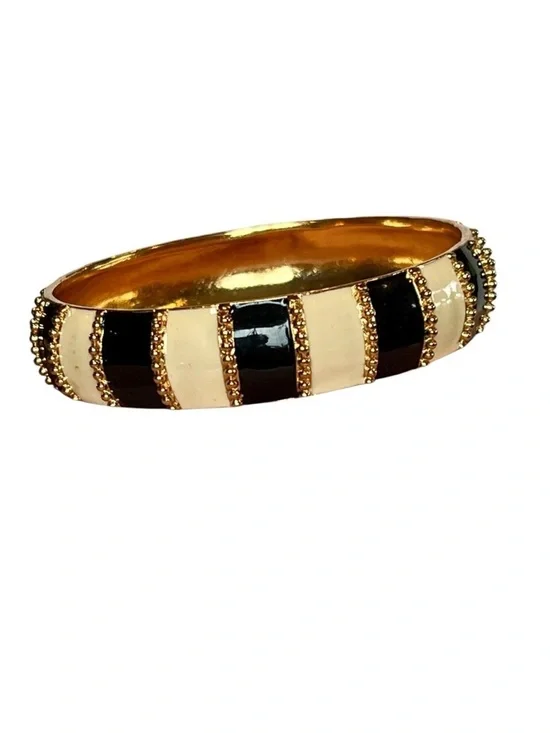 Kate Spade 12 Karat NY Harbor Lights Stripe Gold Black White Bangle Bracelet