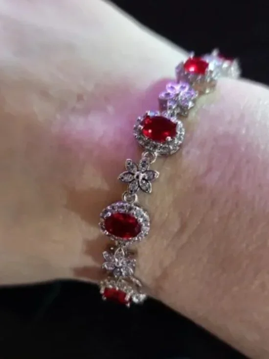 Silver Ruby Bracelet - Red Oval Gemstone Tennis Style
