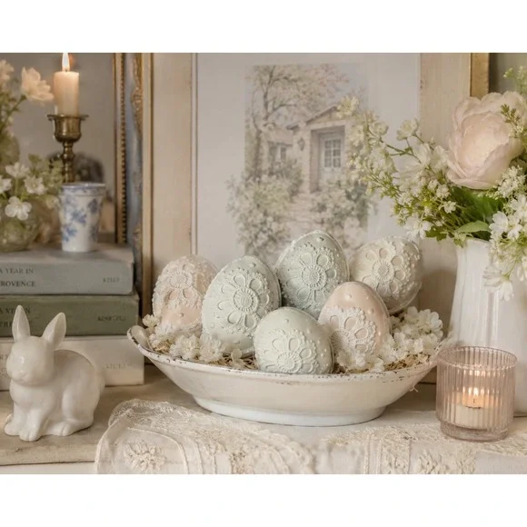 House &‎ Garden Wooden Easter Eggs Set of 6 Lace Cottage Grandmillennial Decor