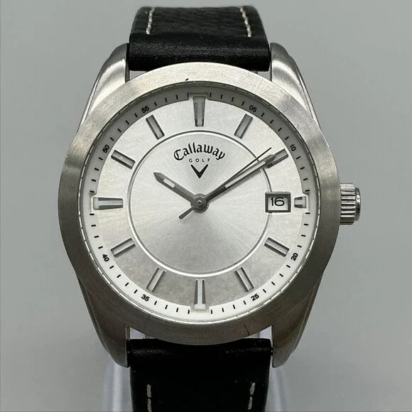 Callaway Golf Unisex Watch 33mm Silver Dial Black Leather Date 50m New Battery