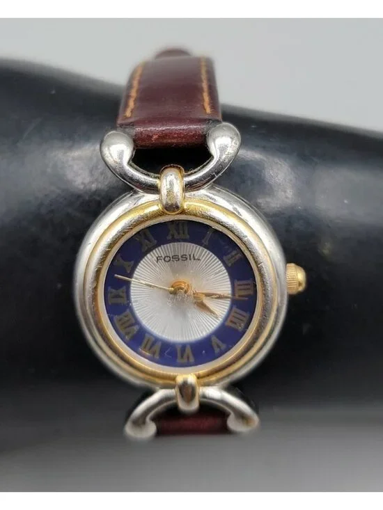 Vintage 1990s Fossil Prism Watch PC-9510 Two-Tone Blue Gold Roman Dial New Batte