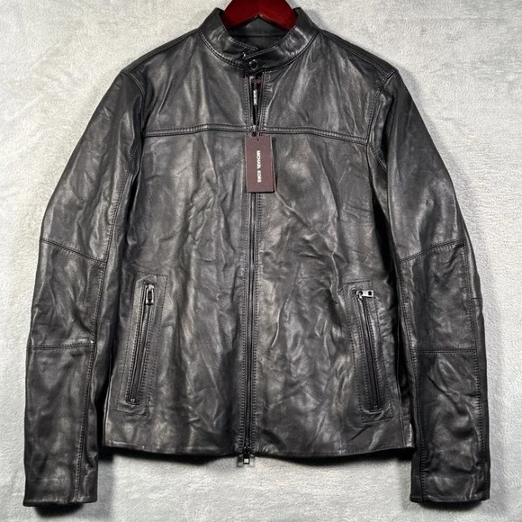 Michael Kors Leather Jacket Mens S Black Lamb Leather Moto Zip Racer $398