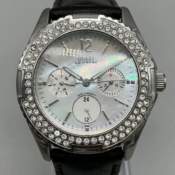 Guess Waterpro Womens Watch 38mm MOP Dial Black Leather Crystals New Battery