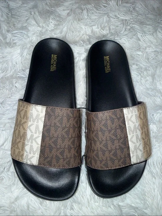Michael Kors Brown and Beige Logo Stripe Slide Sandals