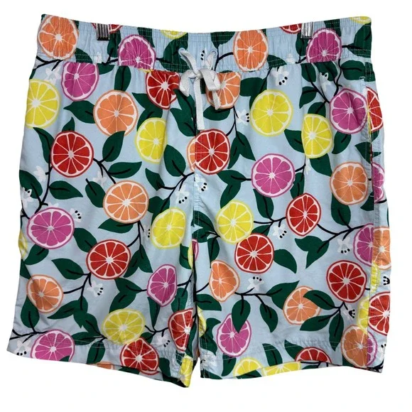 Hanna Andersson Citrus Print Swim Trunks‎ Mens L Blue Lemon Orange Beach Shorts