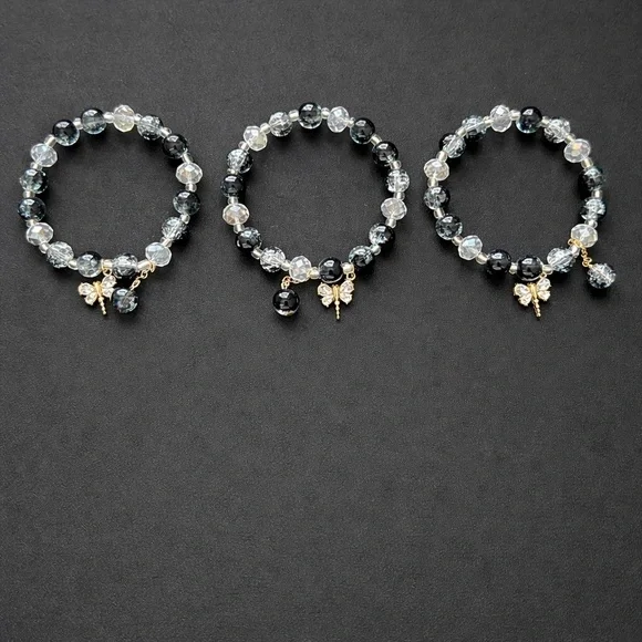Set of 3 Glass Bead Stretch Bracelets Black Clear Crystal Butterfly