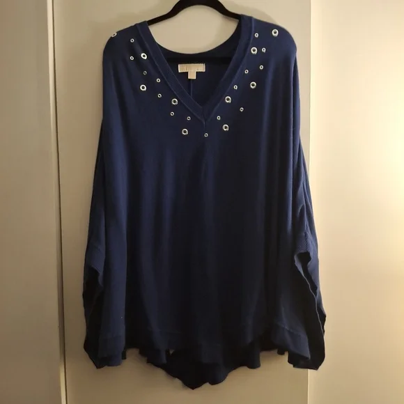 Michael Kors Dark Blue Knit Women's Poncho Sweater With Silver Grommets