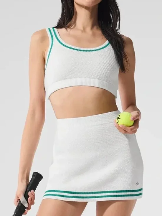 2 PC SET! Alo Yoga Tennis Club Sweater Knit Bra & Skort XXS White/Spruce Green