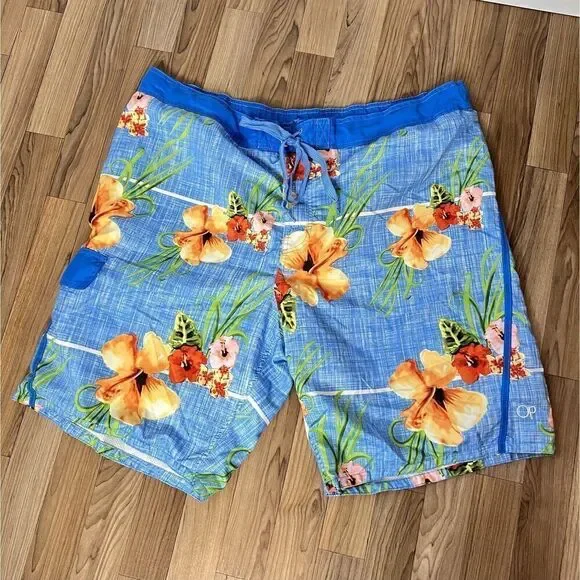 OP Sz 2XL Swim Trunks Board Shorts Mens Drawstring Blue Hawaiian Floral 0841