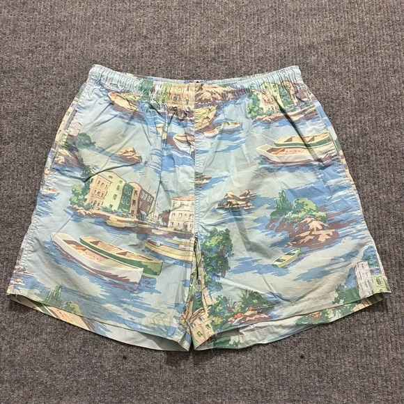 Nautica‎ Mens Swim Shorts Size M Blue Scenic Boat Harbor Print Mesh Lined