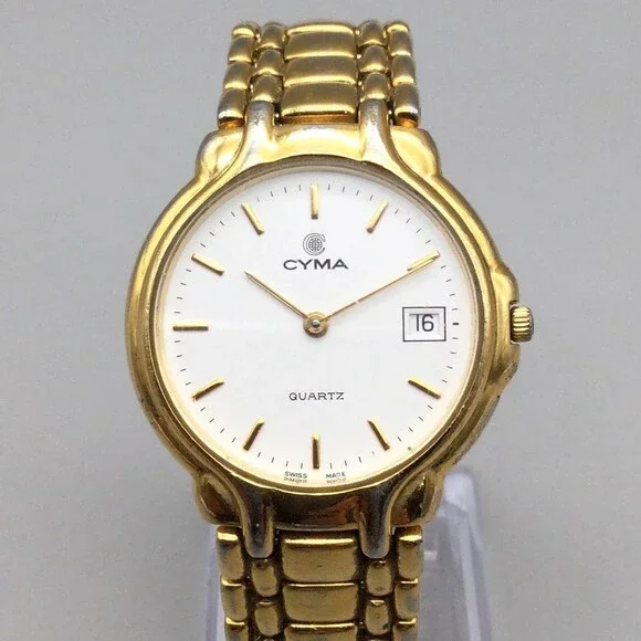 Cyma Le Locle Mens Watch 33mm Gold Tone Date Swiss Made New Battery 7.25