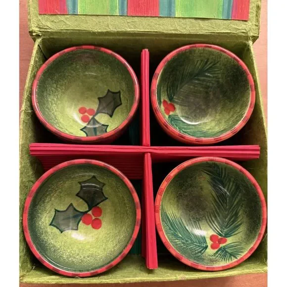 Department 56 4‎ Condiment Bowl Set Christmas Holly Hand Painted Dept 56
