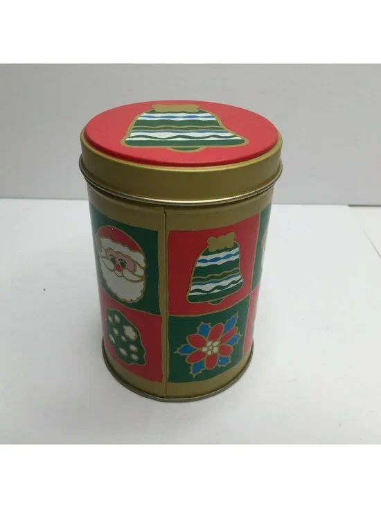 Christmas Holiday Cylinder Cookie Candy Present Tin Gift Giving Santa Bell