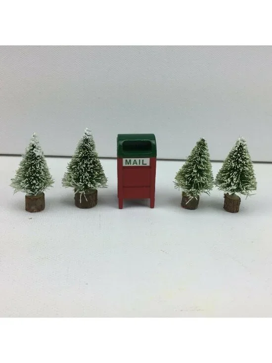 Christmas Village Accessories Frosted Mini Tree Mailbox Set Holiday Decoration