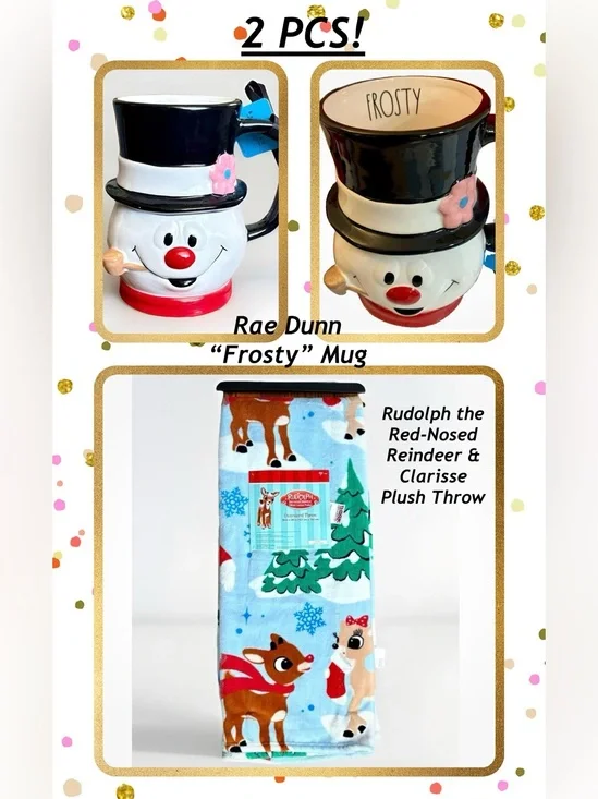 Rae Dunn FROSTY MUG Rudolph Clarisse Reindeer PLUSH THROW Farmhouse Classic NWT