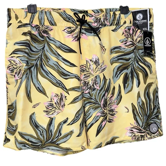 Volcom Mens 2XL Surf Board Shorts‎ Swim Trunks Palm Dawn Yellow Elastic Waist