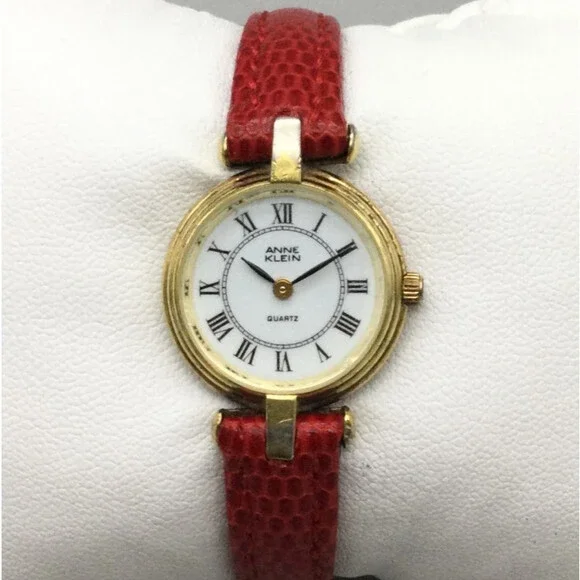 Anne Klein Watch Women 21mm Gold Tone Red Leather Band New Battery
