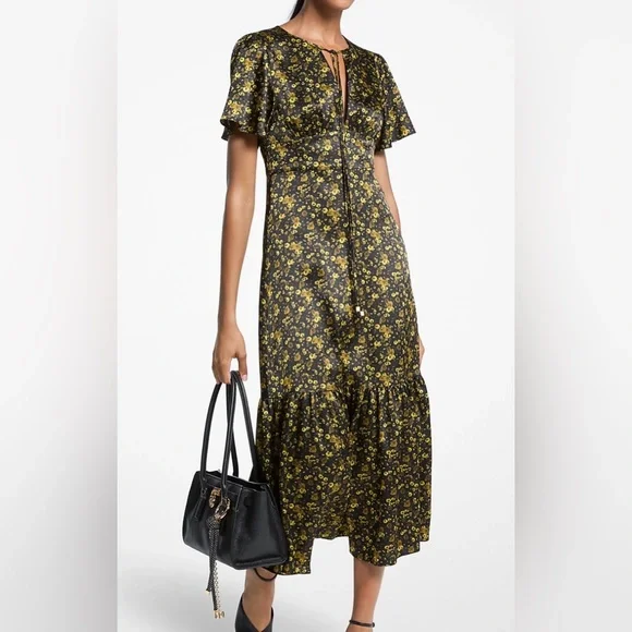 Michael Kors Black and Yellow Floral Midi Dress
