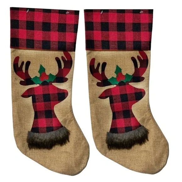 Christmas Stockings Reindeer Moose Holiday Buffalo Check Plaid 17 in 2 Piece Set