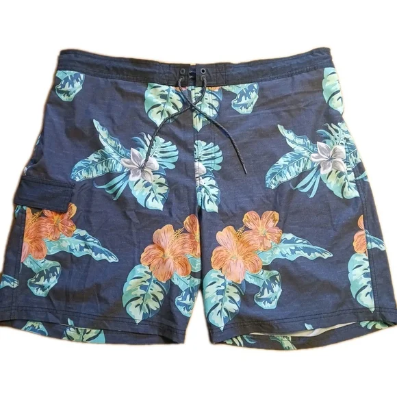 George Coral Hibiscus Big Tall Swim Suit Trunks At Knee 2XL 2X 44-46 Board Short
