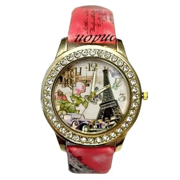 Women's PARIS EIFFEL TOWER BEJEWELED WATCH Red Pink Strap - NEW BATTERY