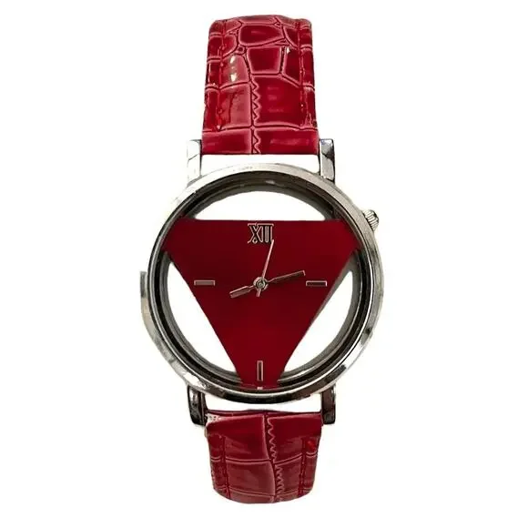 NEW CAY Women's Fashion Watch HOLLOWED FACE Triangular Dial RED FAUX LEATHER