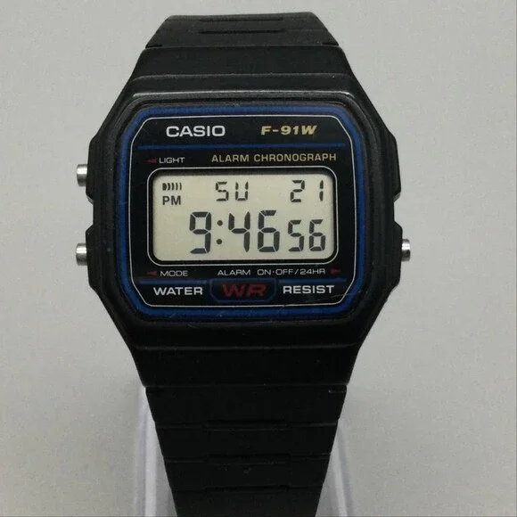Casio 593 F-91W Mens Watch 33mm Black Resin Alarm Chronograph Backlight