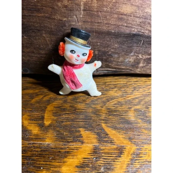 Vintage Flocked Snowman Figurine Mid Century Christmas Decor Top Hat Scarf 3