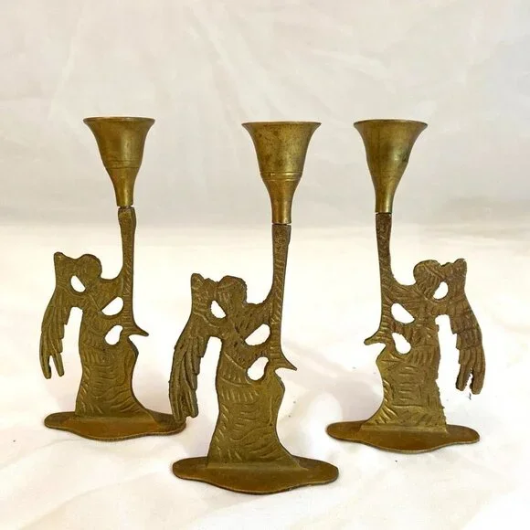 VTG Christmas Brass Angel Candlestick Holders Set of 3 Holiday 6
