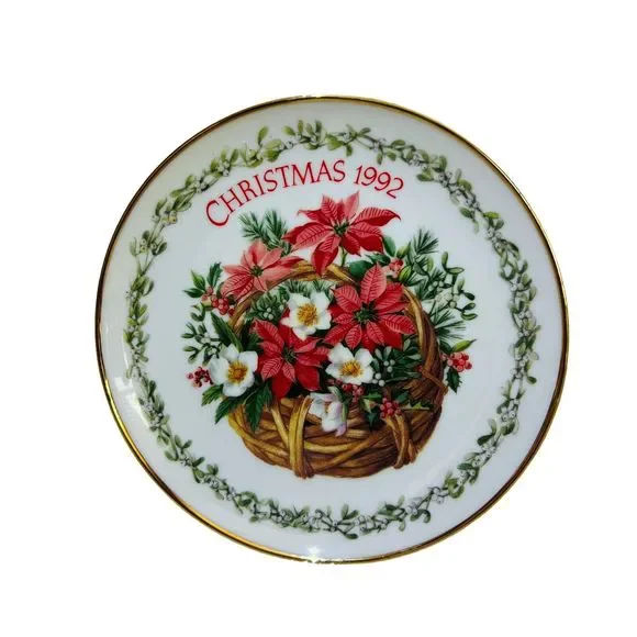 VTG ‘92 American Greeting Christmas 6.5” Porcelain Plate Poinsettia Basket Japan