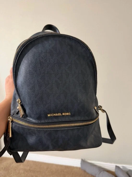 Michael Kors Black Logo-Print Mini Backpack with Gold Hardware