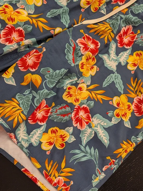 Fair Harbor Navy Swim Trunks with Yellow & Red Floral Print