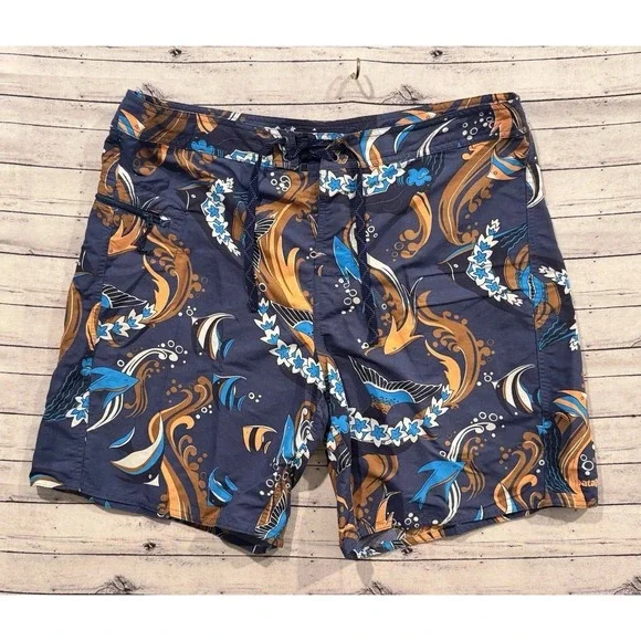 PATAGONIA Mens Board Short Sz 38 Blue Minimalist Wavefarer Nylon Fish Swim Trunk